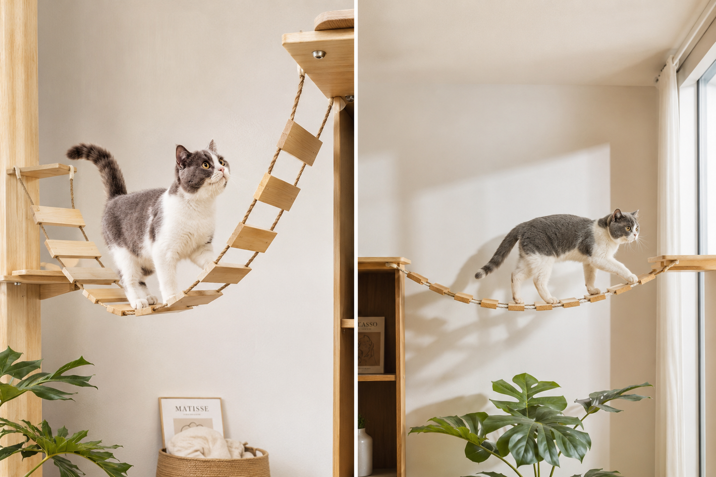 Pont suspendu en bois naturel pour chats