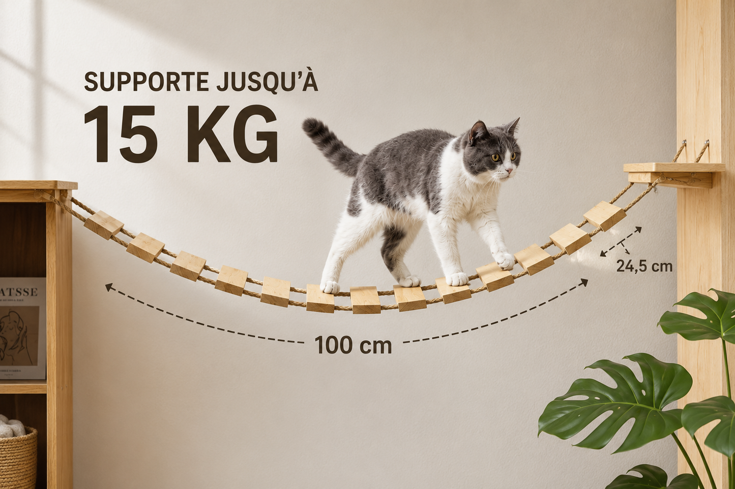 Pont suspendu en bois naturel pour chats