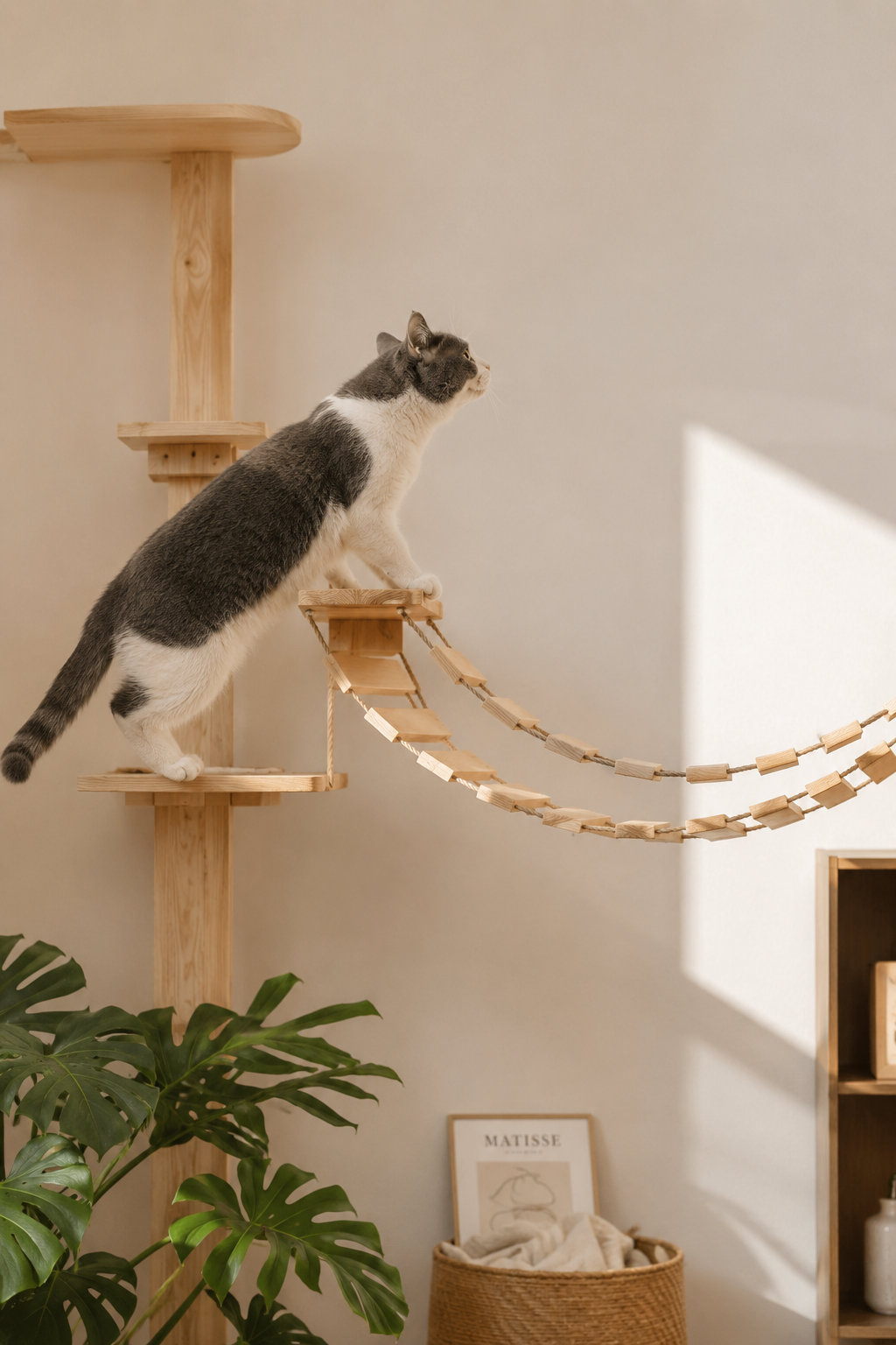 Pont suspendu en bois naturel pour chats