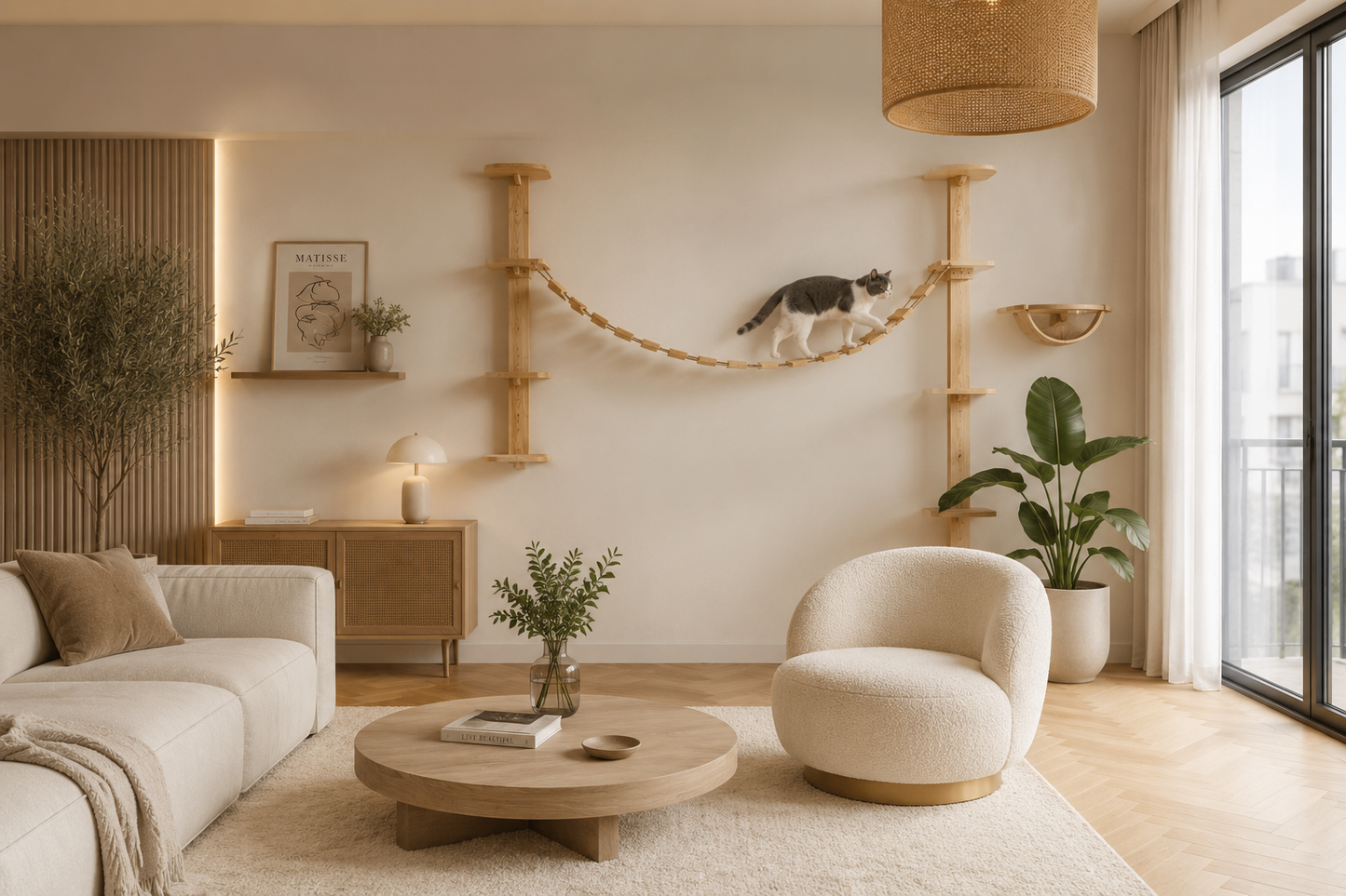 Pont suspendu en bois naturel pour chats
